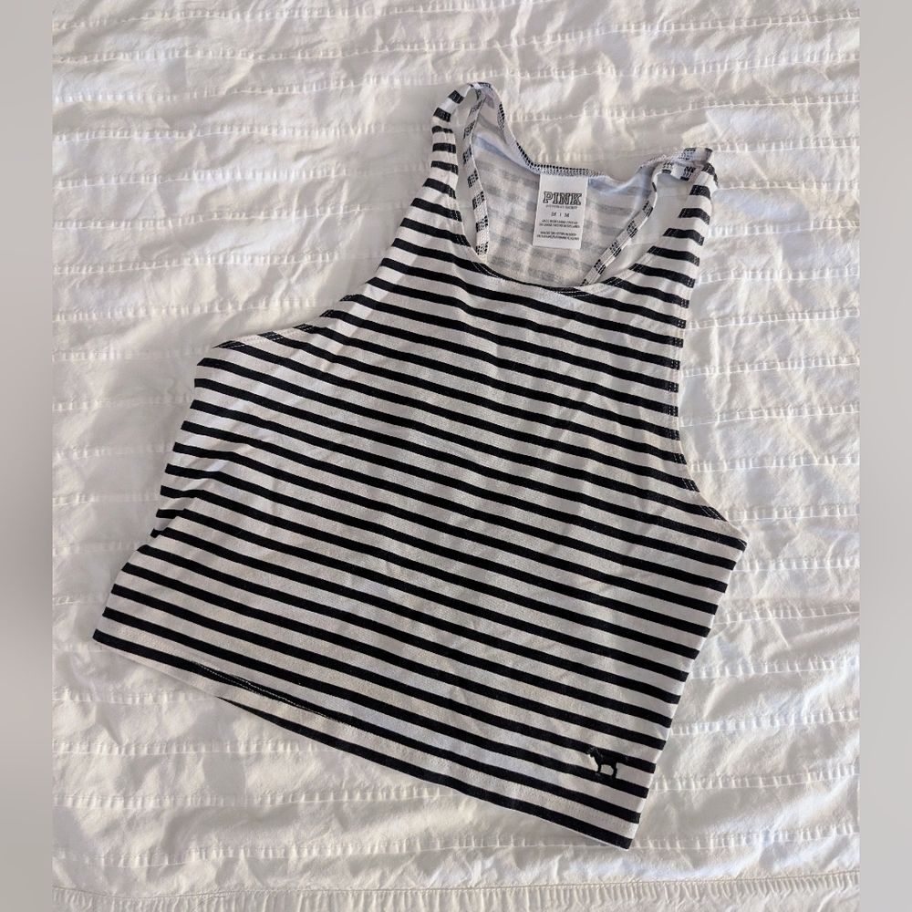 Victoria's Secret PINK Black And White Striped Cropped Racerback Tank Top